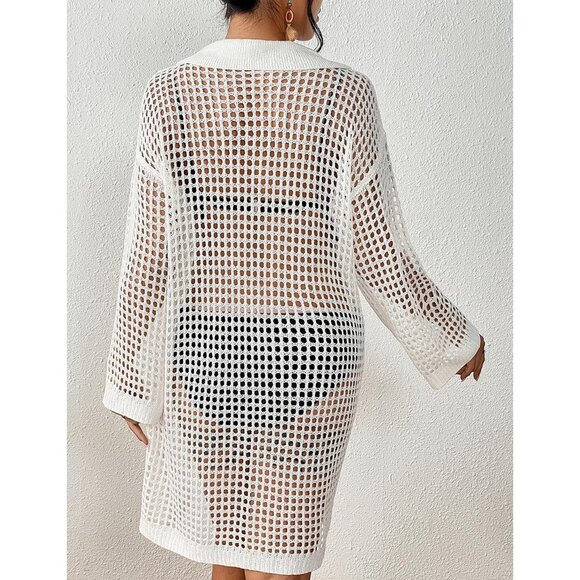 🆕Women White Polyester Crochet Cover Up Long Sleeve Beach Summer Dress Top - Picture 6 of 7